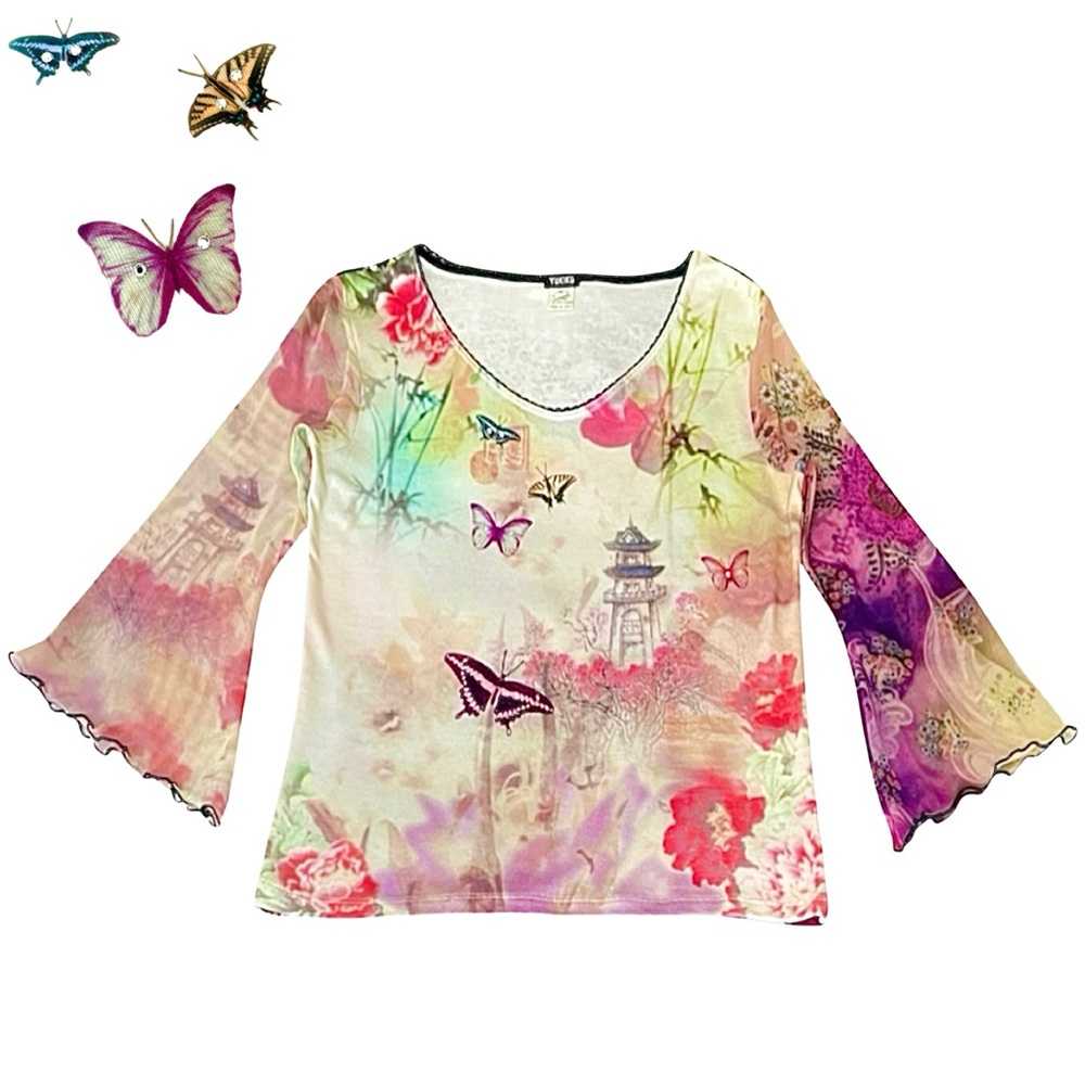Yukiko Vintage Y2K mesh bell sleeve butterfly garden Top size medium ivory red